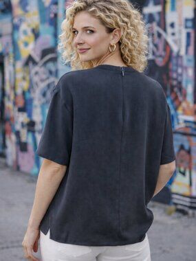 Vince Back Zip Short Sleeve Blouse Charcoal Gray Size S